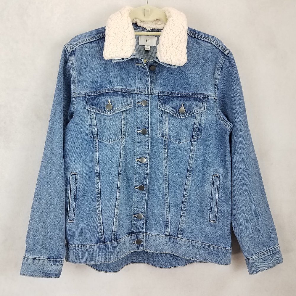 BP Nordstrom Denim Jean Trucker Jacket Faux Fur Collar Women M Grunge Biker Moto
